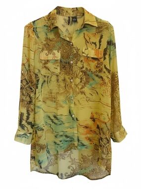 New Directions Sheer Button Front Floral Blouse Artsy Watercolor Longline Tunic